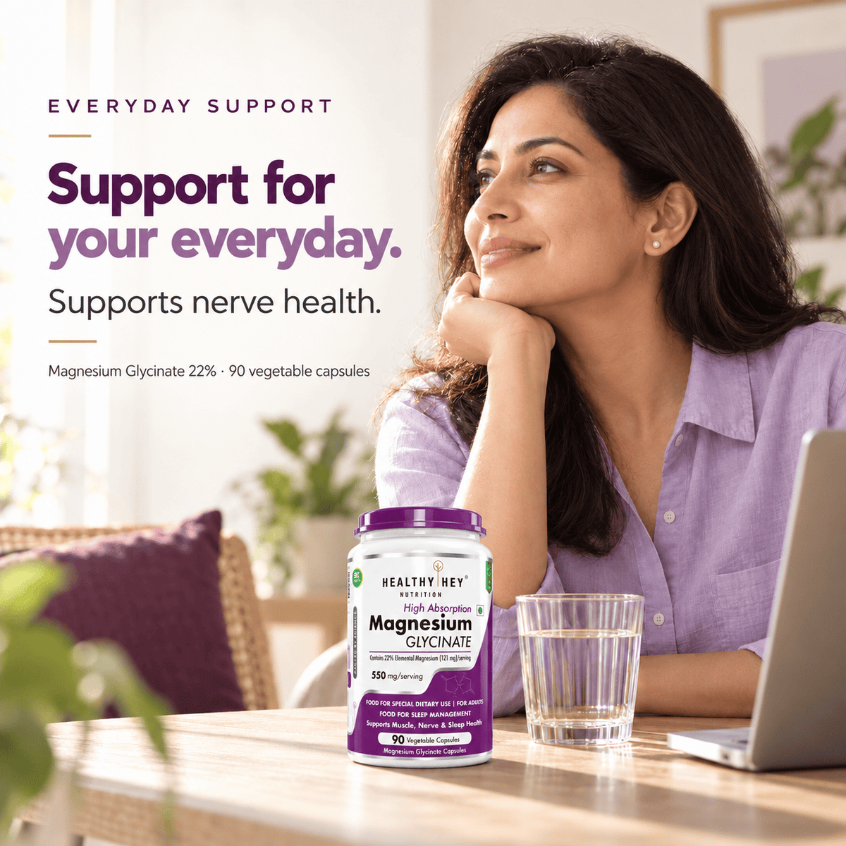 HealthyHey Nutrition Minerals Magnesium Glycinate 22% for Sleep Health | 550 mg with 121 mg Elemental Magnesium | Veg Capsules