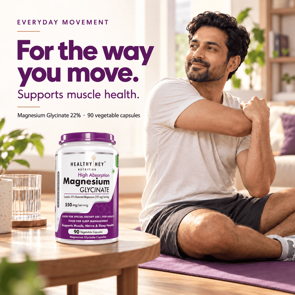 HealthyHey Nutrition Minerals Magnesium Glycinate 22% for Sleep Health | 550 mg with 121 mg Elemental Magnesium | Veg Capsules