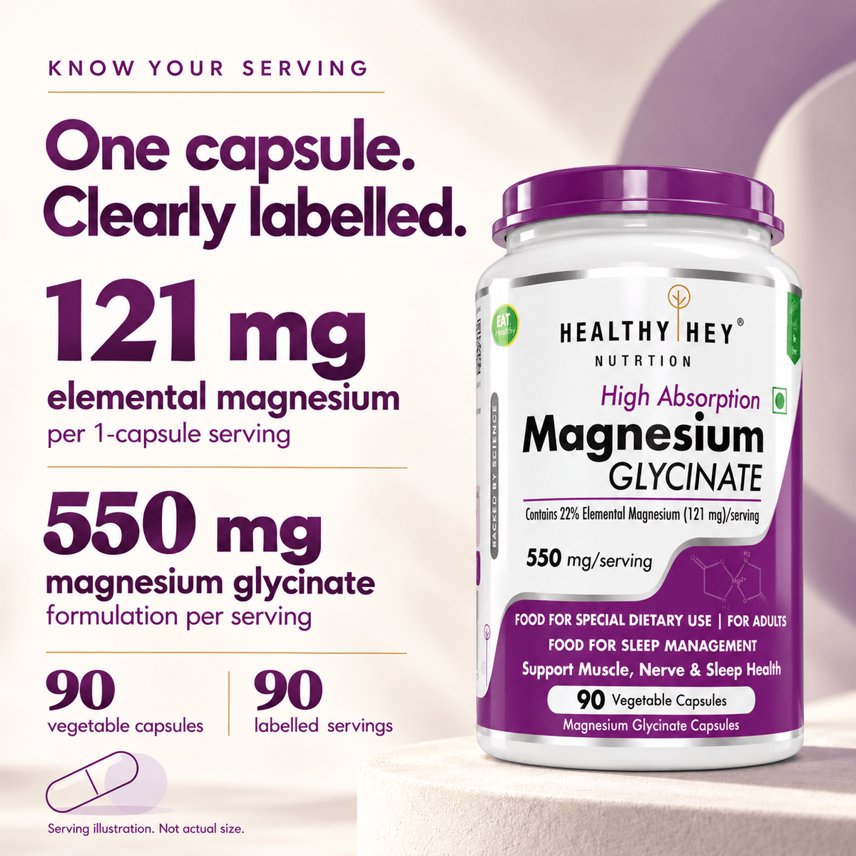 HealthyHey Nutrition Minerals Magnesium Glycinate 22% for Sleep Health | 550 mg with 121 mg Elemental Magnesium | Veg Capsules