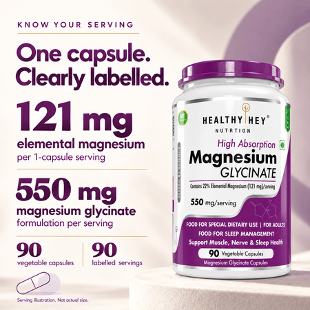 HealthyHey Nutrition Minerals Magnesium Glycinate 22% for Sleep Health | 550 mg with 121 mg Elemental Magnesium | Veg Capsules