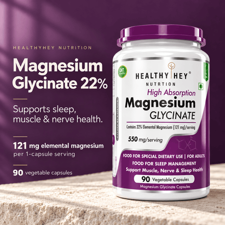 HealthyHey Nutrition Minerals Magnesium Glycinate 22% for Sleep Health | 550 mg with 121 mg Elemental Magnesium | Veg Capsules