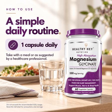 HealthyHey Nutrition Minerals Magnesium Glycinate 22% for Sleep Health | 550 mg with 121 mg Elemental Magnesium | Veg Capsules