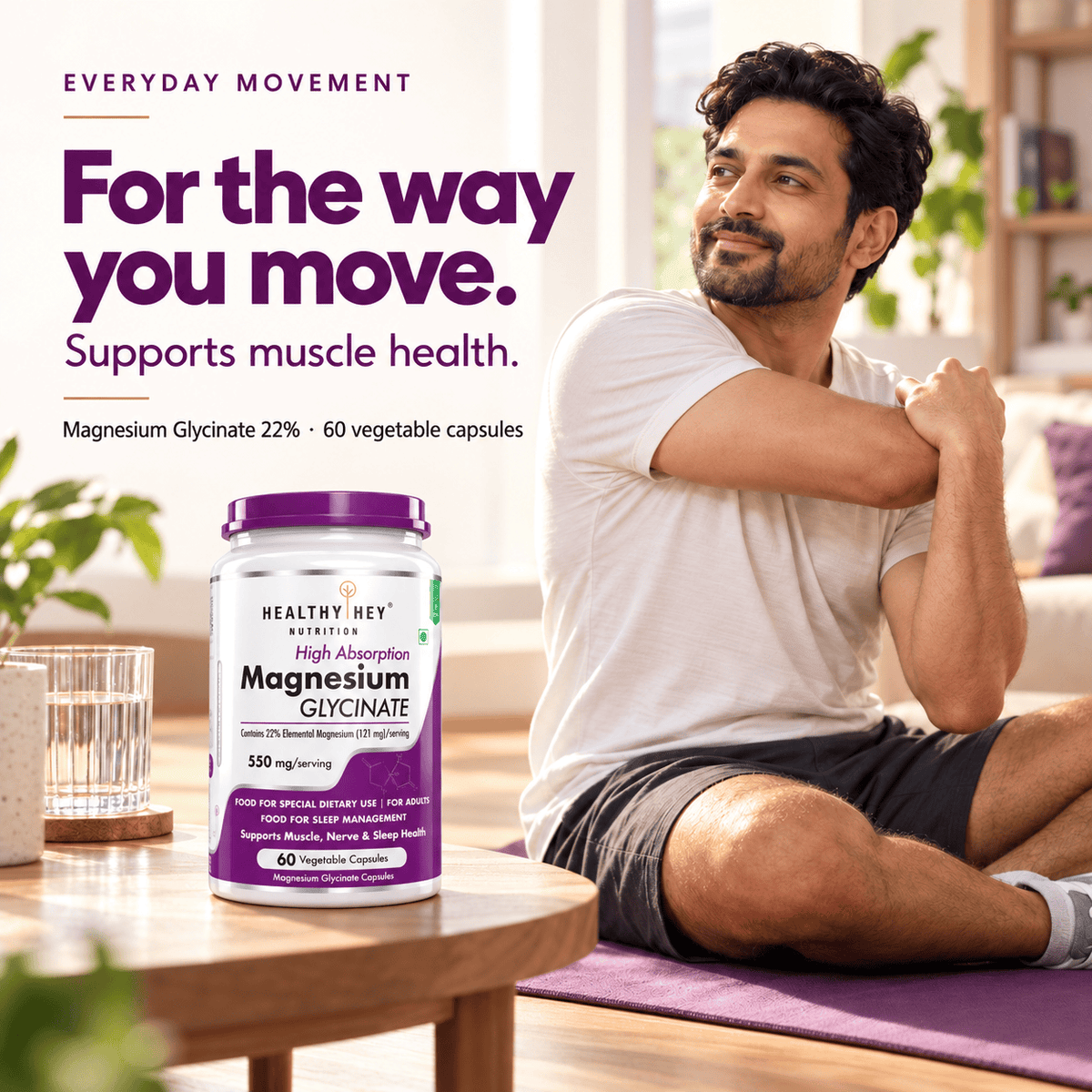 HealthyHey Nutrition Minerals Magnesium Glycinate 22% for Sleep Health | 550 mg with 121 mg Elemental Magnesium | Veg Capsules
