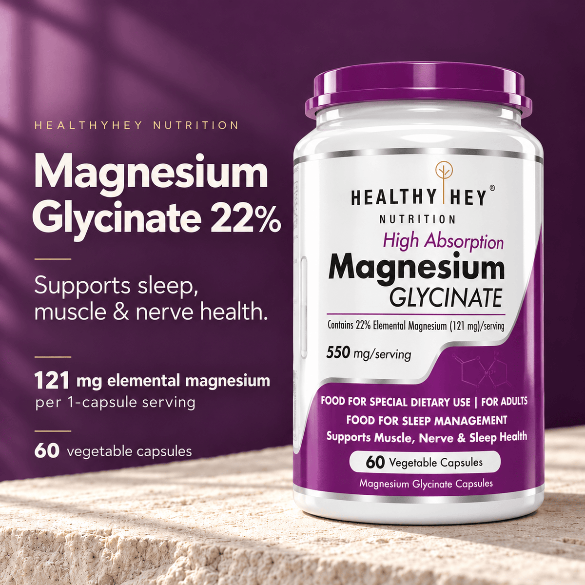 HealthyHey Nutrition Minerals Magnesium Glycinate 22% for Sleep Health | 550 mg with 121 mg Elemental Magnesium | Veg Capsules