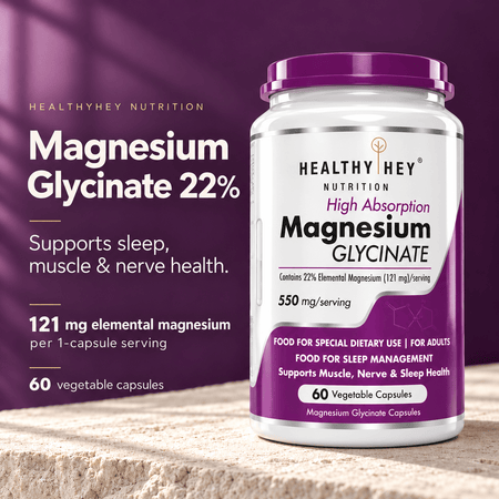 HealthyHey Nutrition Minerals Magnesium Glycinate 22% for Sleep Health | 550 mg with 121 mg Elemental Magnesium | Veg Capsules