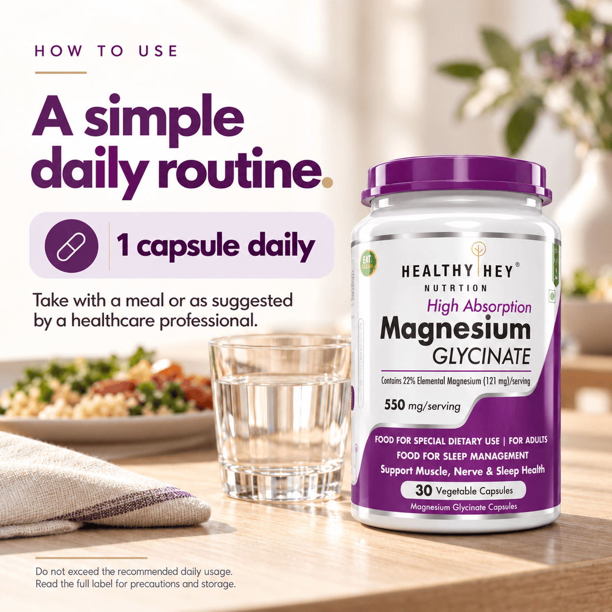 HealthyHey Nutrition Minerals Magnesium Glycinate 22% for Sleep Health | 550 mg with 121 mg Elemental Magnesium | Veg Capsules