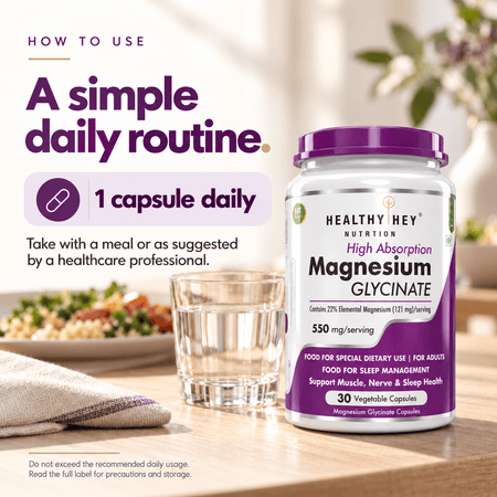 HealthyHey Nutrition Minerals Magnesium Glycinate 22% for Sleep Health | 550 mg with 121 mg Elemental Magnesium | Veg Capsules