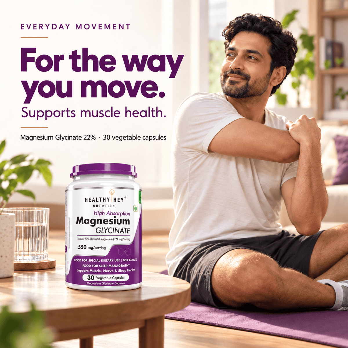 HealthyHey Nutrition Minerals Magnesium Glycinate 22% for Sleep Health | 550 mg with 121 mg Elemental Magnesium | Veg Capsules
