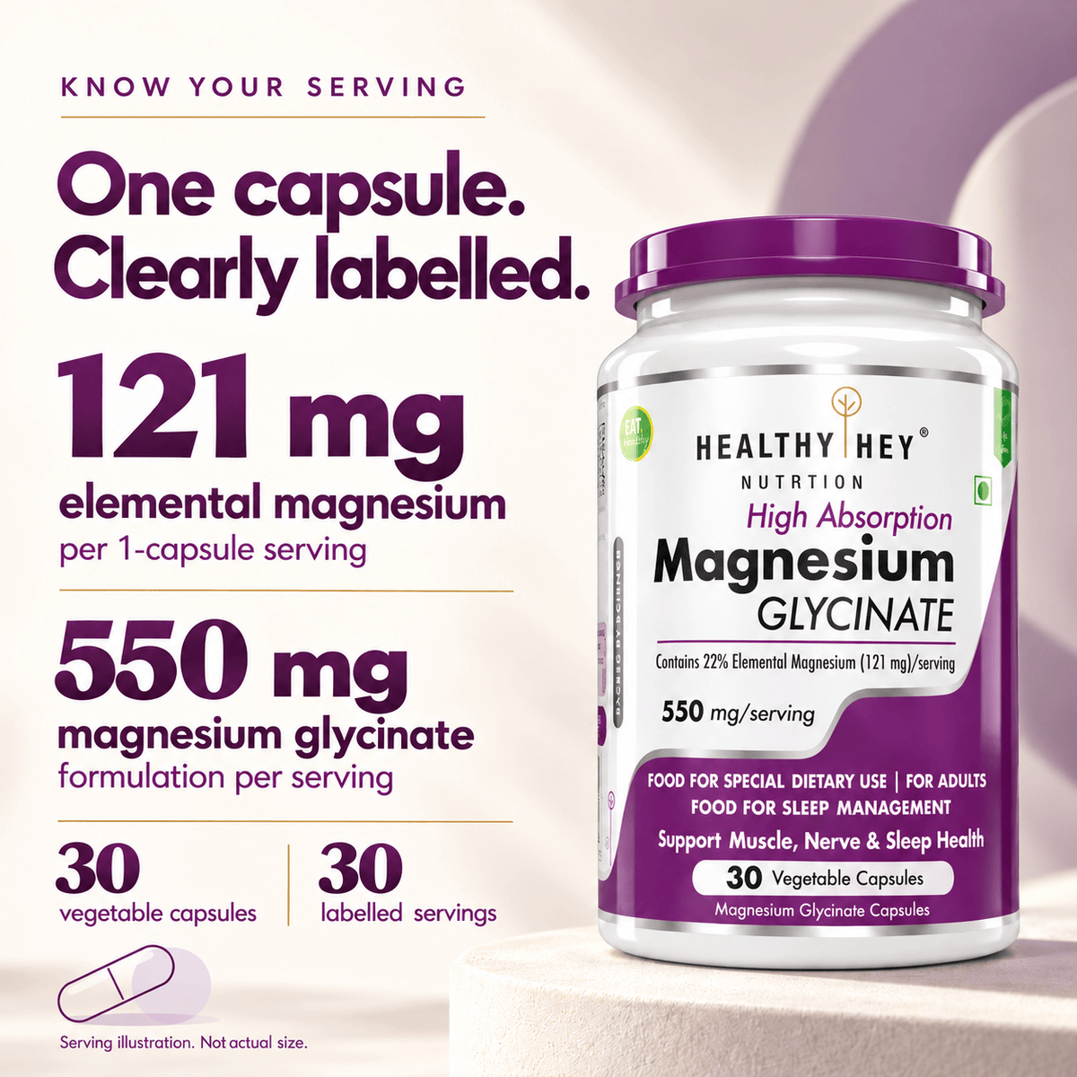 HealthyHey Nutrition Minerals Magnesium Glycinate 22% for Sleep Health | 550 mg with 121 mg Elemental Magnesium | Veg Capsules
