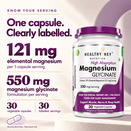 HealthyHey Nutrition Minerals Magnesium Glycinate 22% for Sleep Health | 550 mg with 121 mg Elemental Magnesium | Veg Capsules