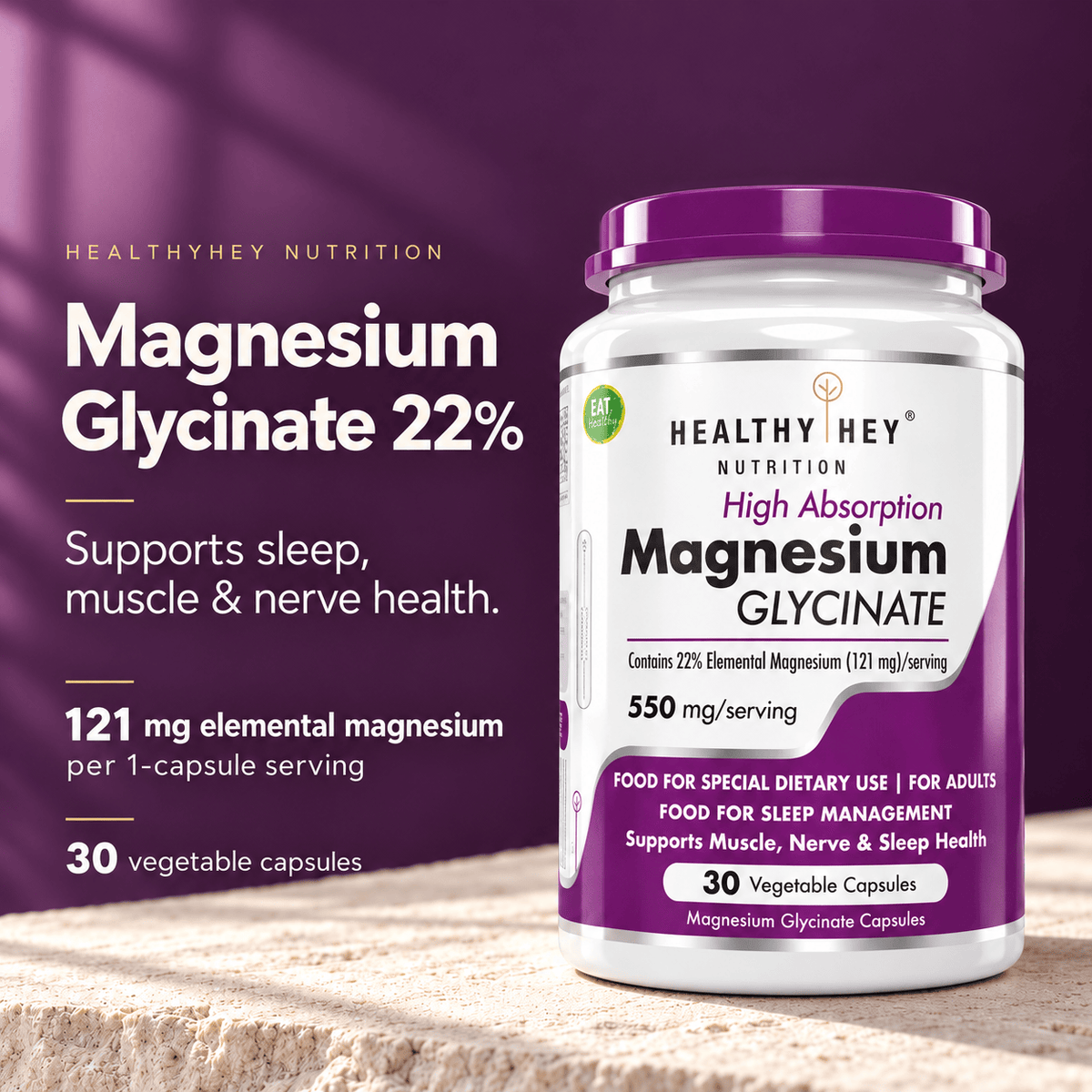HealthyHey Nutrition Minerals Magnesium Glycinate 22% for Sleep Health | 550 mg with 121 mg Elemental Magnesium | Veg Capsules