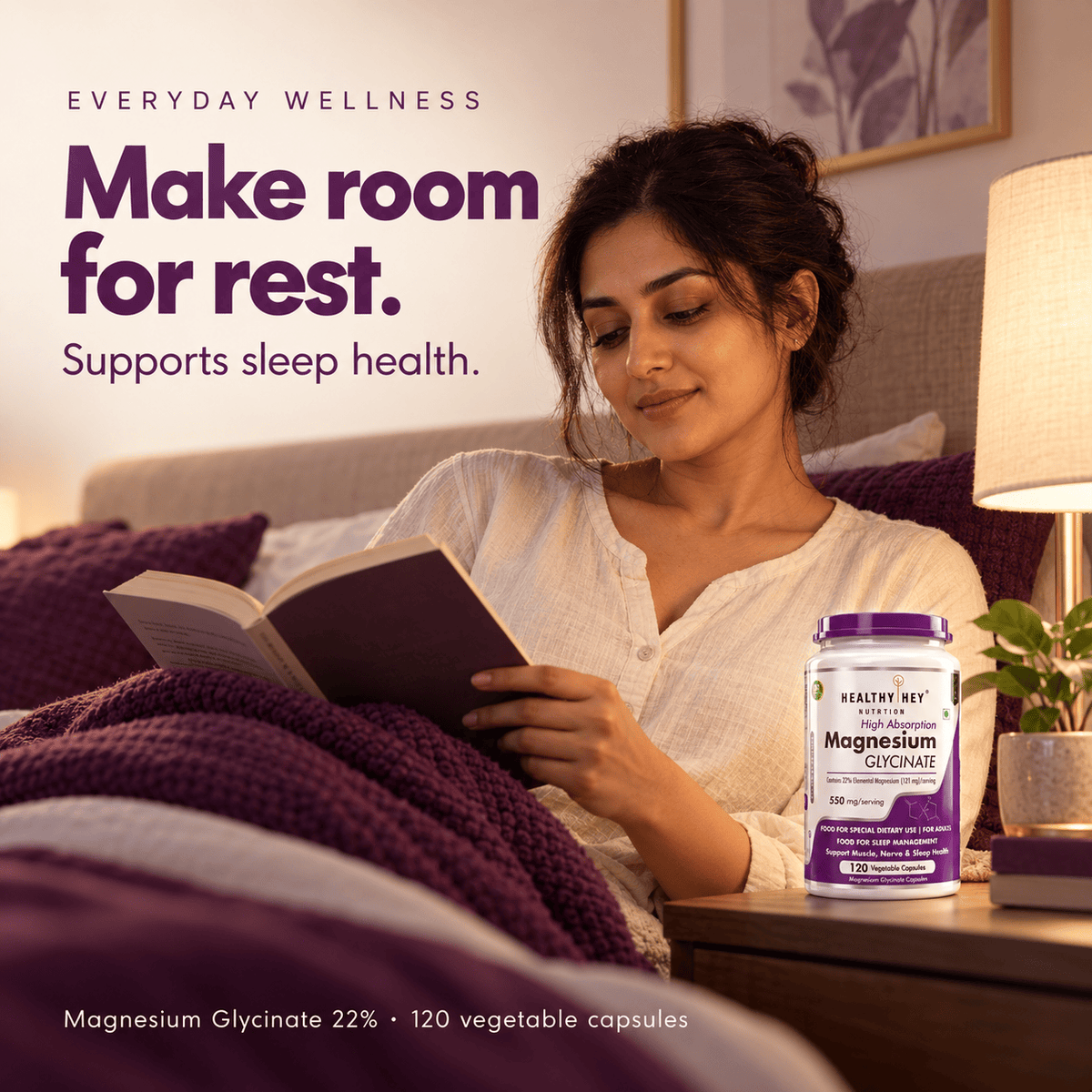 HealthyHey Nutrition Minerals Magnesium Glycinate 22% for Sleep Health | 550 mg with 121 mg Elemental Magnesium | Veg Capsules