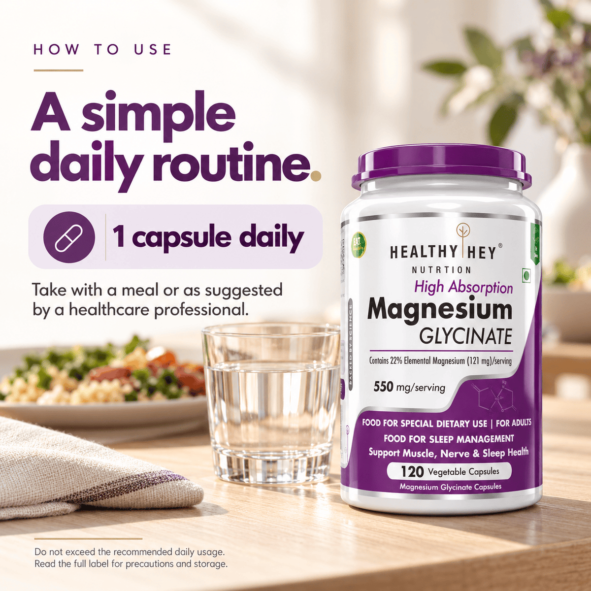 HealthyHey Nutrition Minerals Magnesium Glycinate 22% for Sleep Health | 550 mg with 121 mg Elemental Magnesium | Veg Capsules