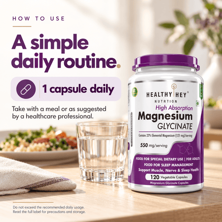 HealthyHey Nutrition Minerals Magnesium Glycinate 22% for Sleep Health | 550 mg with 121 mg Elemental Magnesium | Veg Capsules