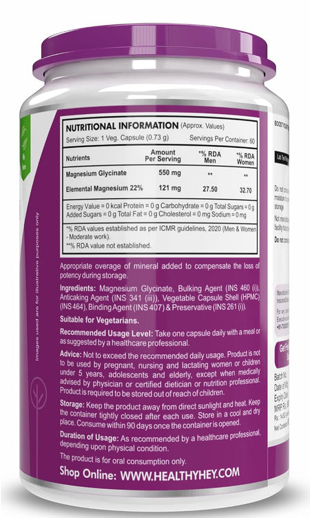 HealthyHey Nutrition Minerals Magnesium Glycinate 22% for Sleep Health | 550 mg with 121 mg Elemental Magnesium | Veg Capsules