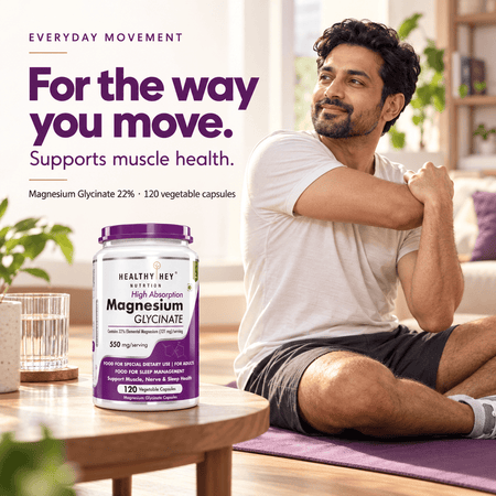 HealthyHey Nutrition Minerals Magnesium Glycinate 22% for Sleep Health | 550 mg with 121 mg Elemental Magnesium | Veg Capsules