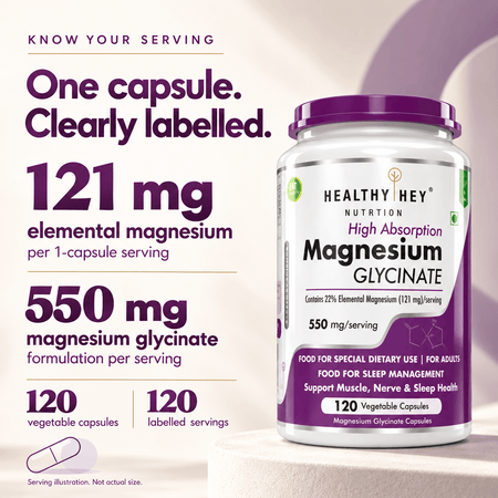 HealthyHey Nutrition Minerals Magnesium Glycinate 22% for Sleep Health | 550 mg with 121 mg Elemental Magnesium | Veg Capsules