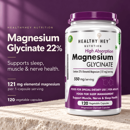 HealthyHey Nutrition Minerals Magnesium Glycinate 22% for Sleep Health | 550 mg with 121 mg Elemental Magnesium | Veg Capsules
