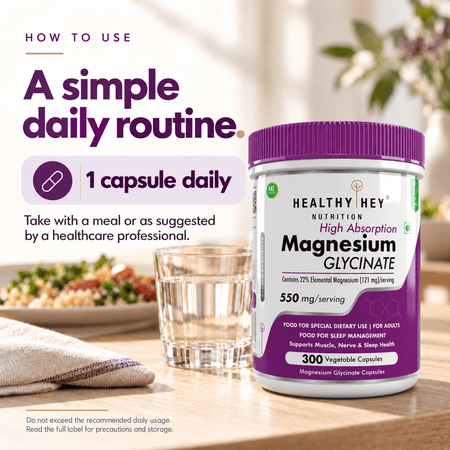 HealthyHey Nutrition Minerals Magnesium Glycinate 22% for Sleep Health | 550 mg with 121 mg Elemental Magnesium | Veg Capsules