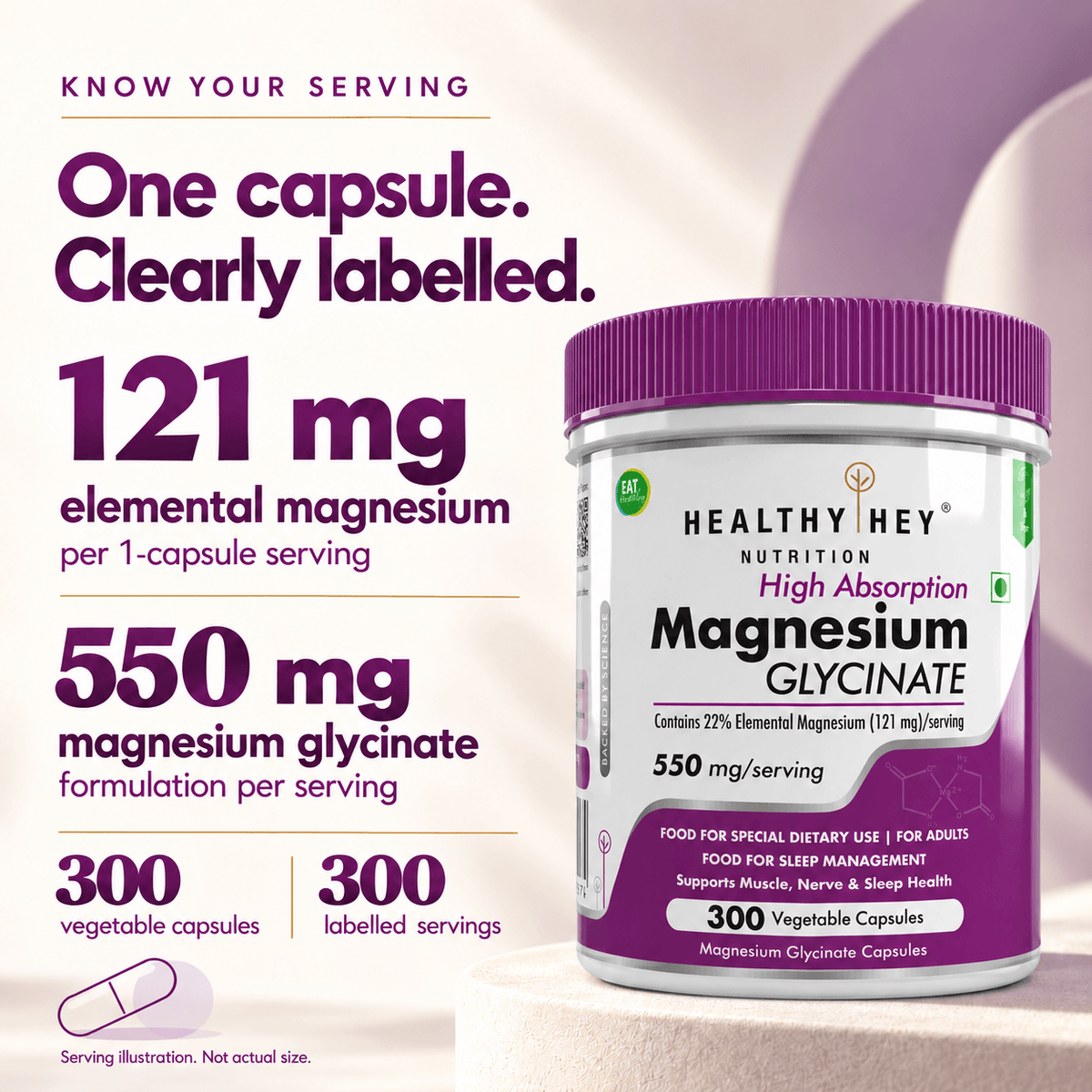 HealthyHey Nutrition Minerals Magnesium Glycinate 22% for Sleep Health | 550 mg with 121 mg Elemental Magnesium | Veg Capsules