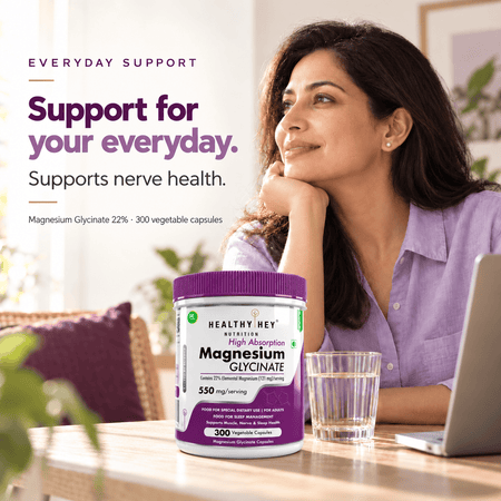 HealthyHey Nutrition Minerals Magnesium Glycinate 22% for Sleep Health | 550 mg with 121 mg Elemental Magnesium | Veg Capsules