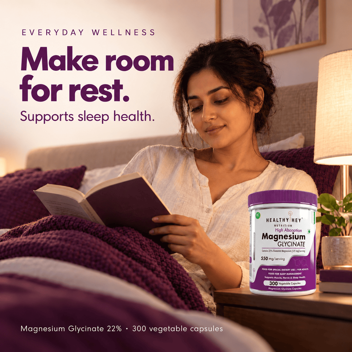 HealthyHey Nutrition Minerals Magnesium Glycinate 22% for Sleep Health | 550 mg with 121 mg Elemental Magnesium | Veg Capsules