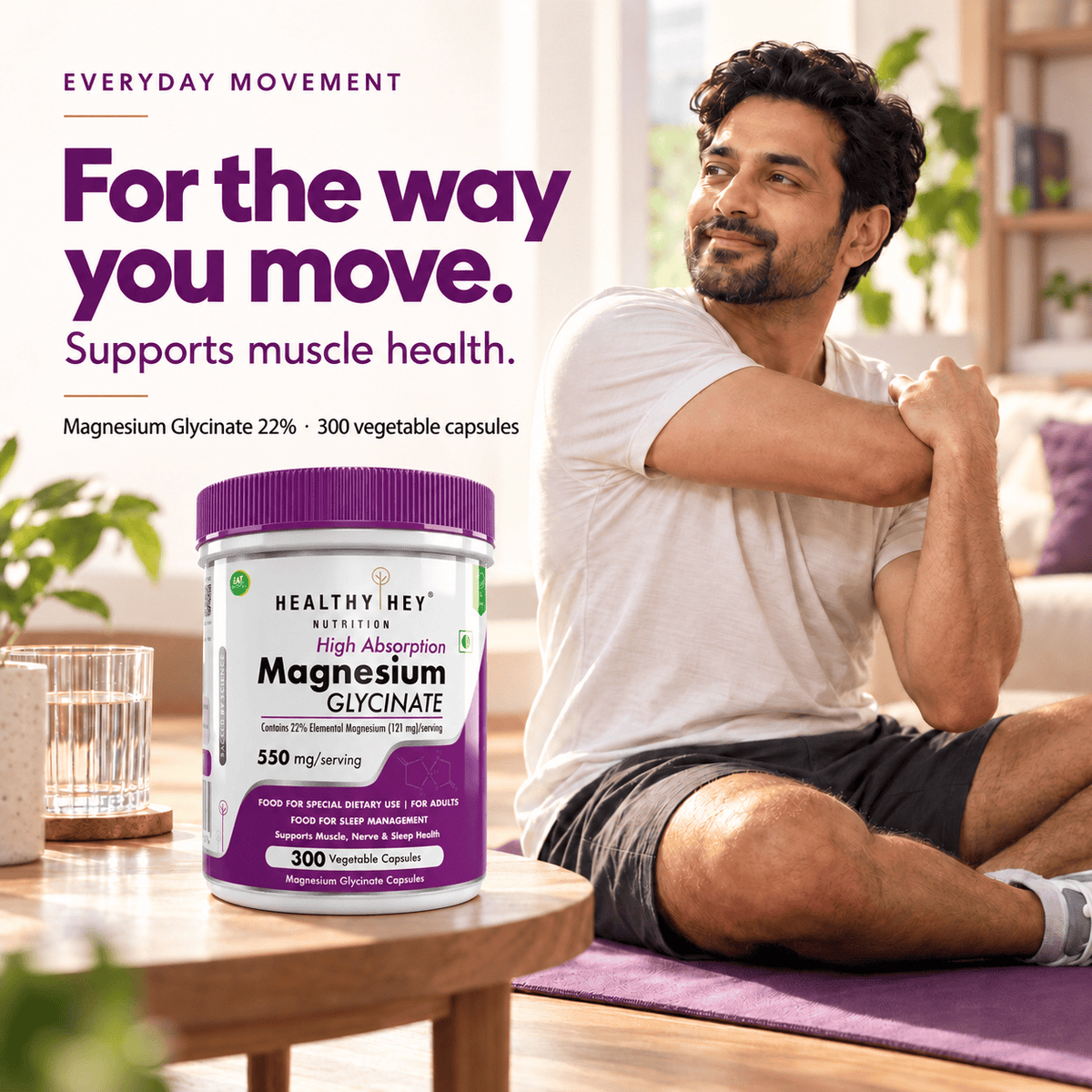 HealthyHey Nutrition Minerals Magnesium Glycinate 22% for Sleep Health | 550 mg with 121 mg Elemental Magnesium | Veg Capsules