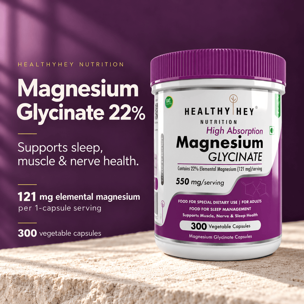 HealthyHey Nutrition Minerals Magnesium Glycinate 22% for Sleep Health | 550 mg with 121 mg Elemental Magnesium | Veg Capsules