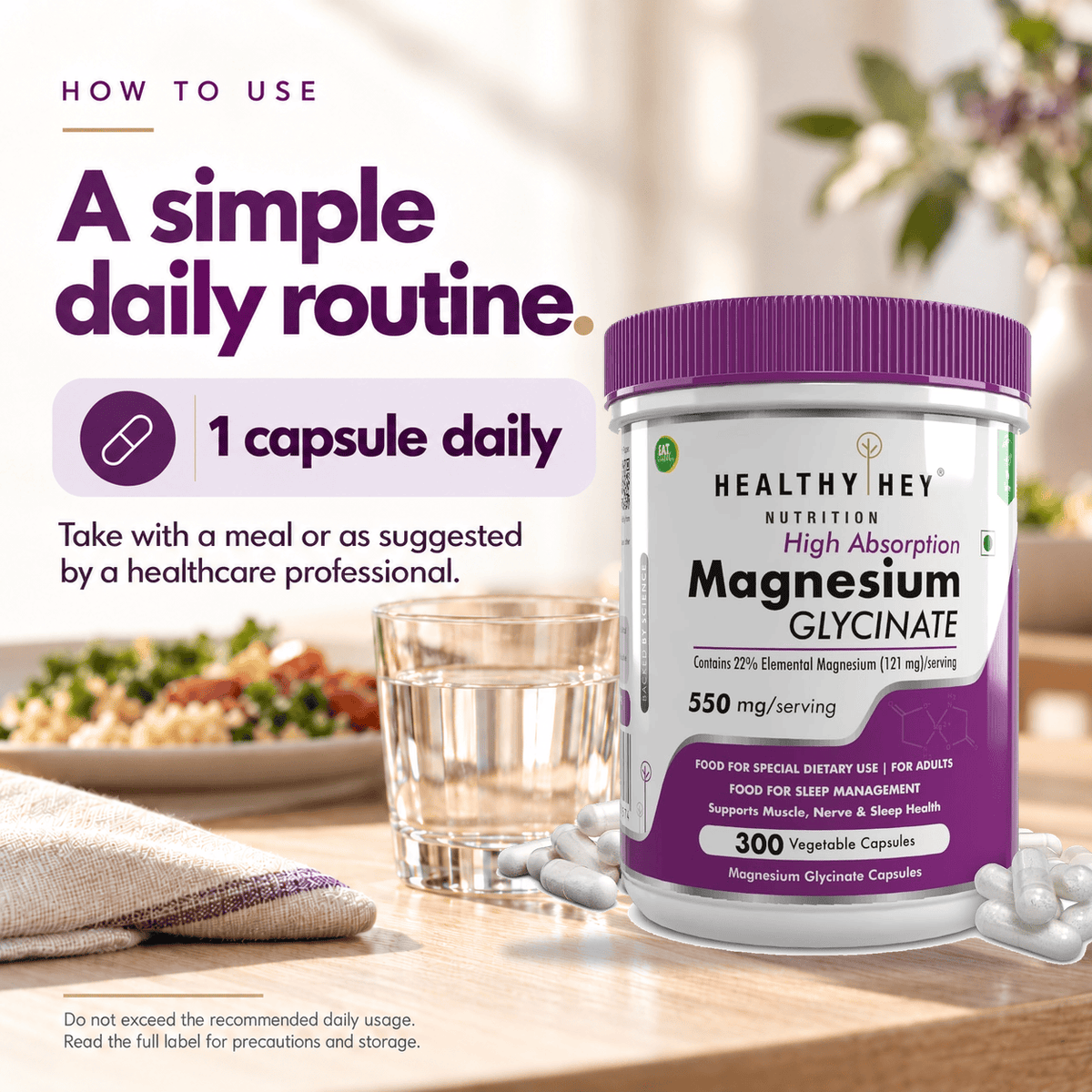HealthyHey Nutrition Minerals Magnesium Glycinate 22% for Sleep Health | 550 mg with 121 mg Elemental Magnesium | Veg Capsules