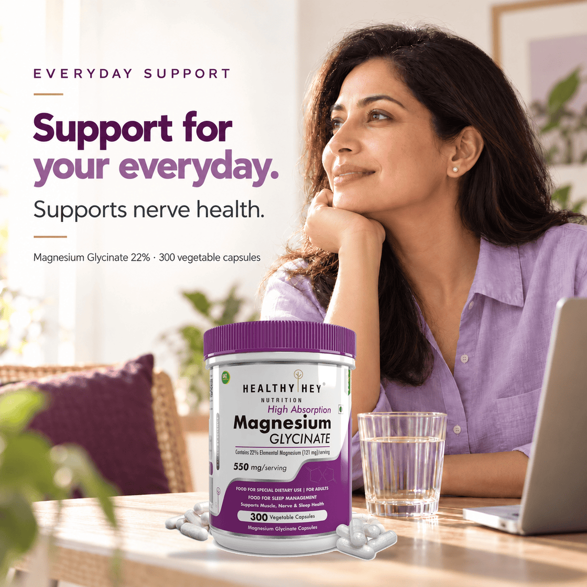 HealthyHey Nutrition Minerals Magnesium Glycinate 22% for Sleep Health | 550 mg with 121 mg Elemental Magnesium | Veg Capsules
