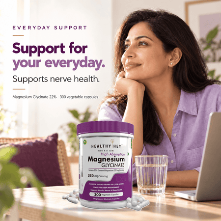 HealthyHey Nutrition Minerals Magnesium Glycinate 22% for Sleep Health | 550 mg with 121 mg Elemental Magnesium | Veg Capsules