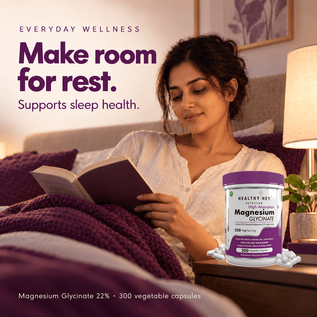 HealthyHey Nutrition Minerals Magnesium Glycinate 22% for Sleep Health | 550 mg with 121 mg Elemental Magnesium | Veg Capsules