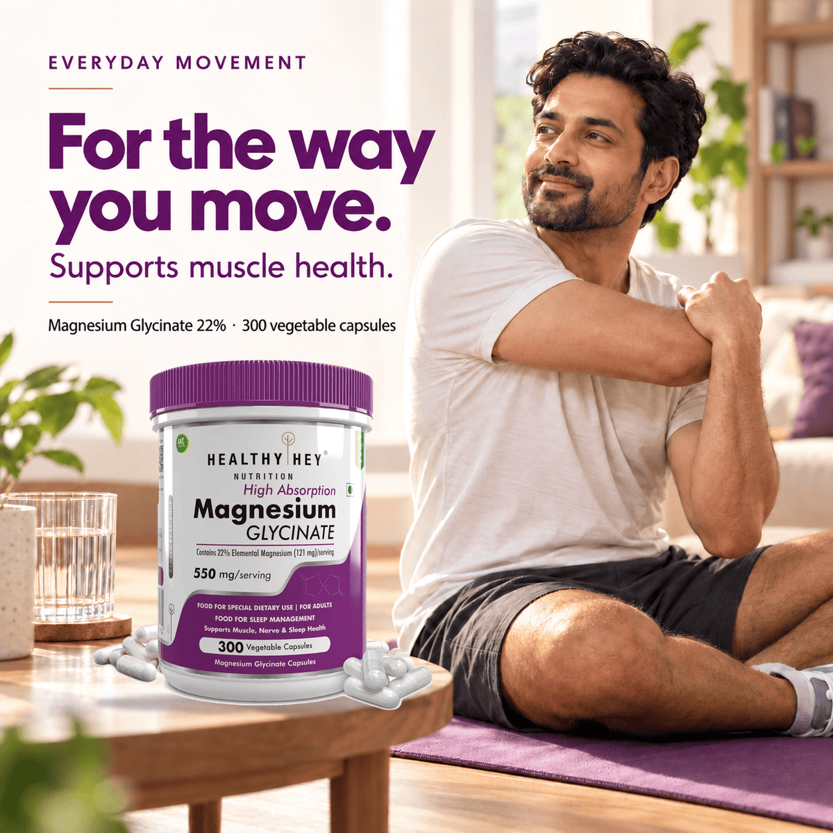 HealthyHey Nutrition Minerals Magnesium Glycinate 22% for Sleep Health | 550 mg with 121 mg Elemental Magnesium | Veg Capsules