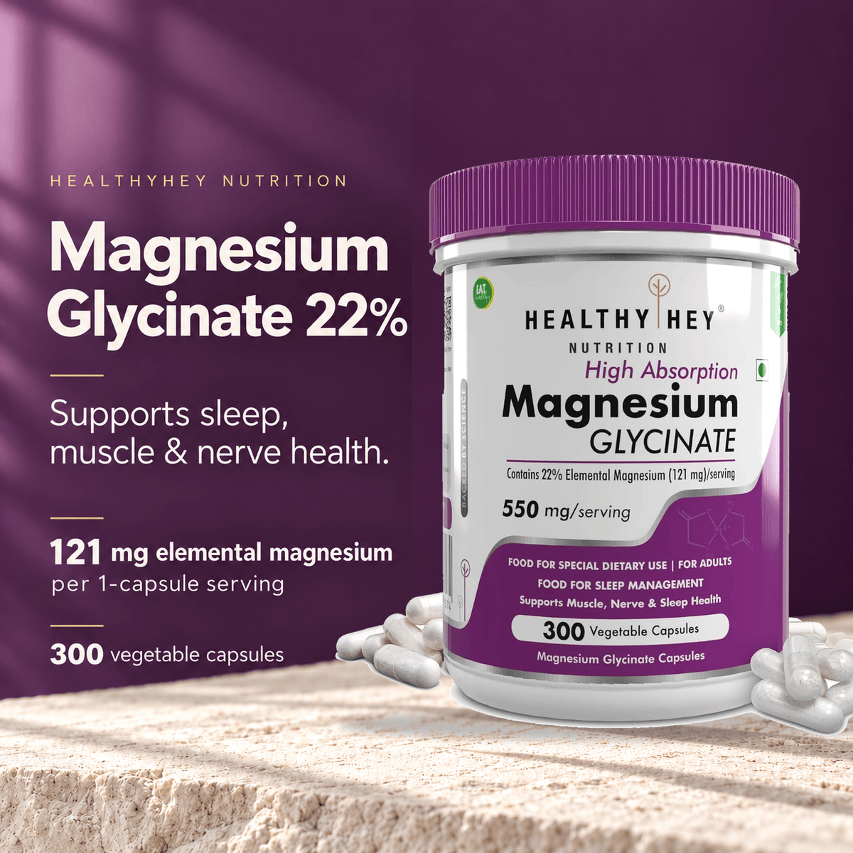 HealthyHey Nutrition Minerals Magnesium Glycinate 22% for Sleep Health | 550 mg with 121 mg Elemental Magnesium | Veg Capsules