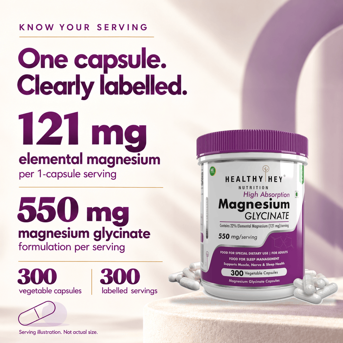 HealthyHey Nutrition Minerals Magnesium Glycinate 22% for Sleep Health | 550 mg with 121 mg Elemental Magnesium | Veg Capsules