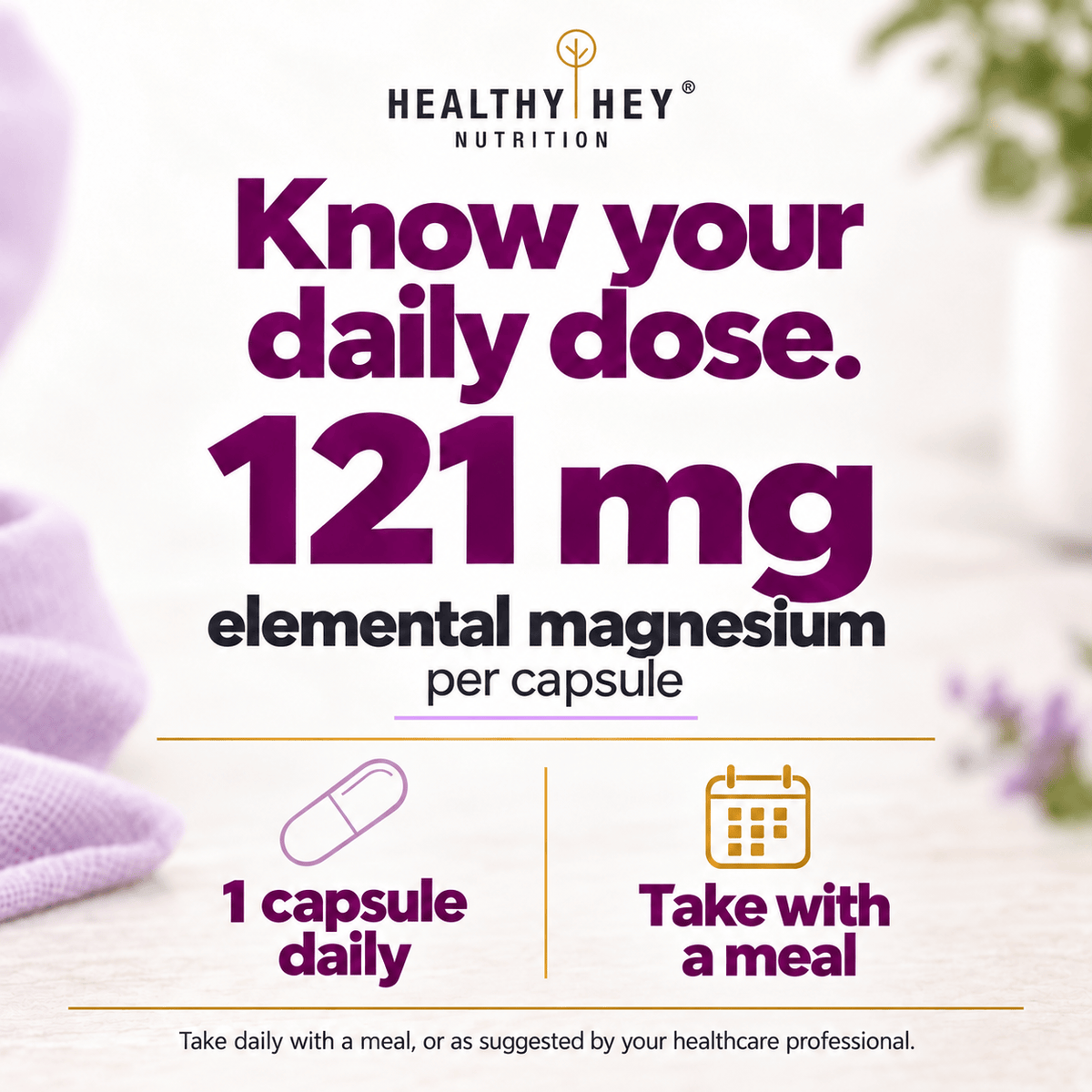 HealthyHey Nutrition Minerals Magnesium Glycinate 22% for Sleep Health | 550 mg with 121 mg Elemental Magnesium | Veg Capsules