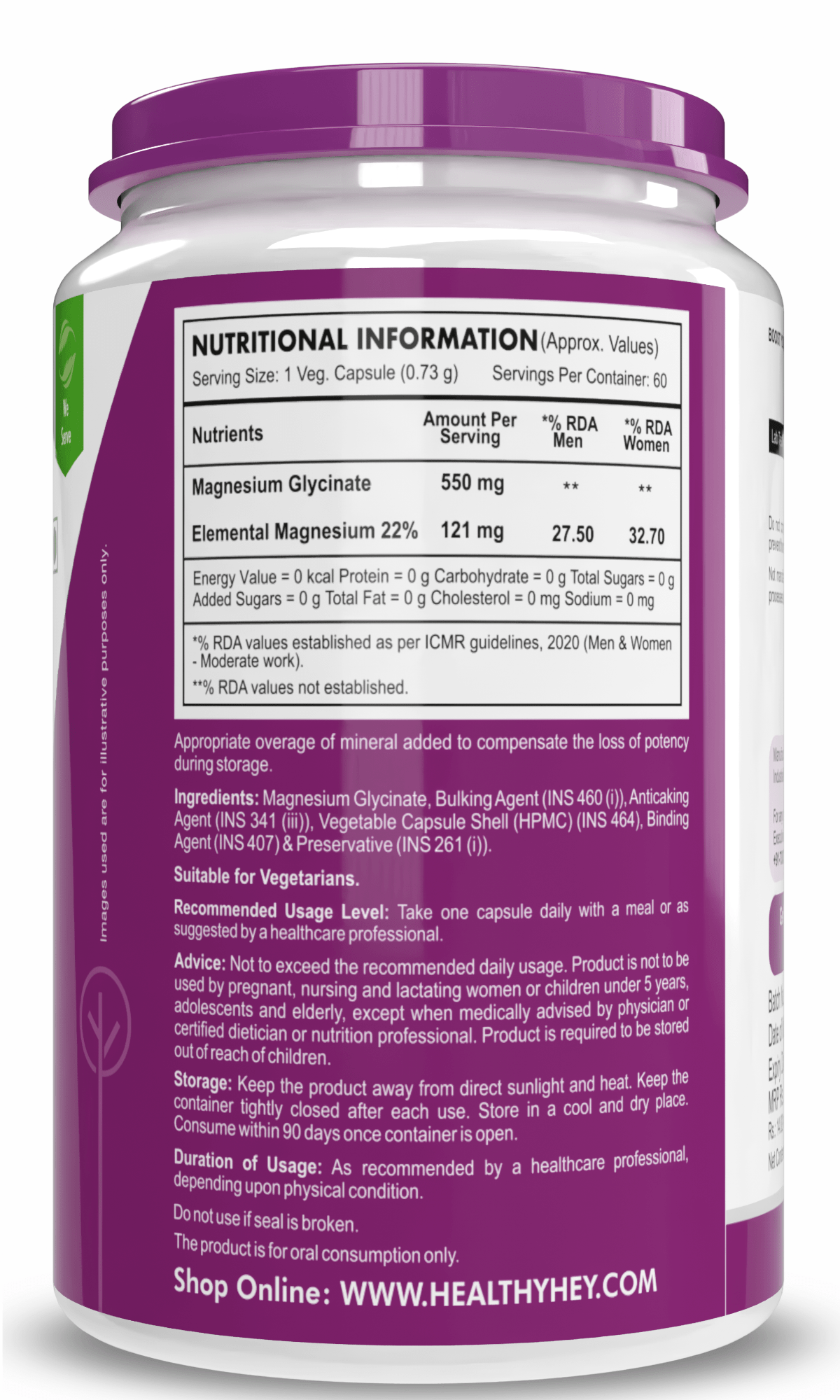 HealthyHey Nutrition Minerals Magnesium Glycinate High Absorption Chelated for Sleep, Cramps, & Nerves Health -550mg