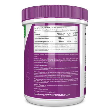 HealthyHey Nutrition Minerals Magnesium Glycinate High Absorption Chelated for Sleep, Cramps, & Nerves Health -550mg