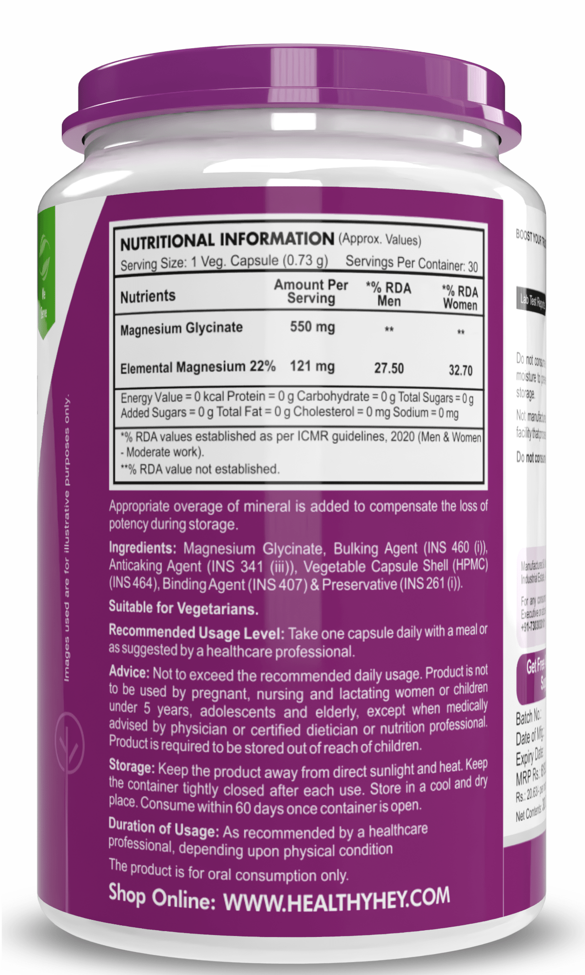 HealthyHey Nutrition Minerals Magnesium Glycinate High Absorption Chelated for Sleep, Cramps, & Nerves Health -550mg
