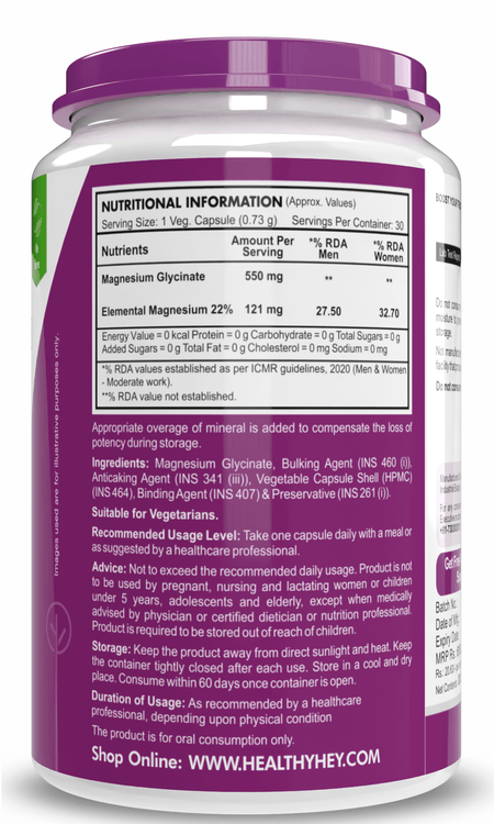 HealthyHey Nutrition Minerals Magnesium Glycinate High Absorption Chelated for Sleep, Cramps, & Nerves Health -550mg