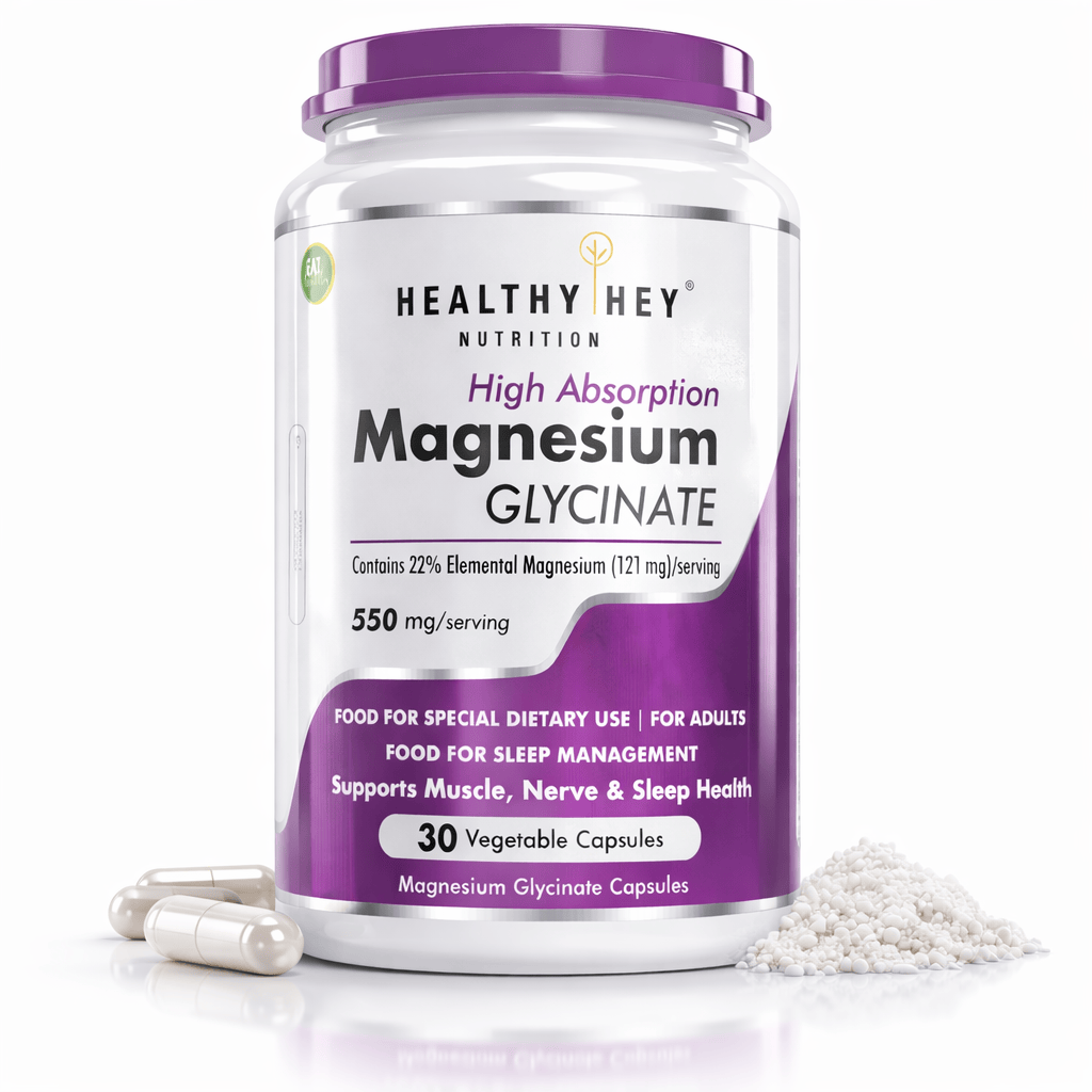 HealthyHey Nutrition Minerals Magnesium Glycinate High Absorption Chelated for Sleep, Cramps, & Nerves Health -550mg