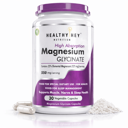 HealthyHey Nutrition Minerals Magnesium Glycinate High Absorption Chelated for Sleep, Cramps, & Nerves Health -550mg