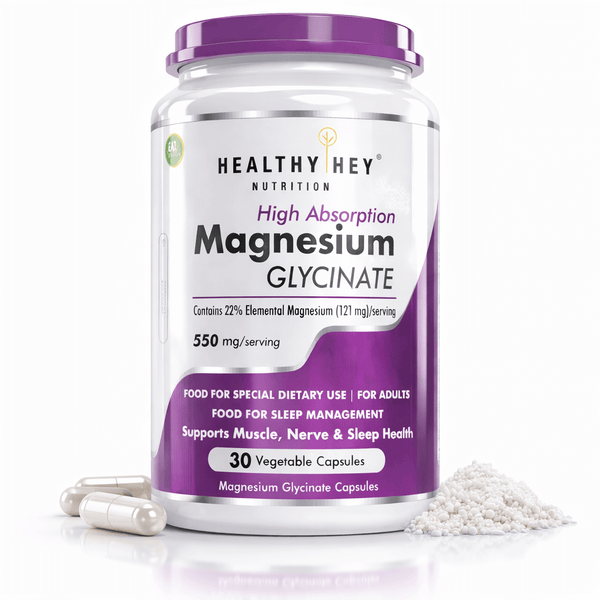 HealthyHey Magnesium Glycinate 22% jar with capsules at the base, front view