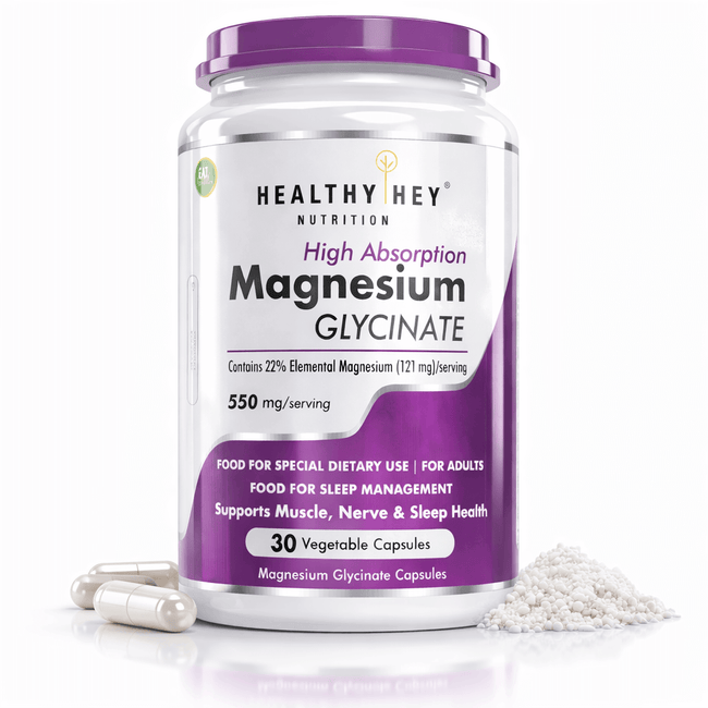 HealthyHey Magnesium Glycinate 22% jar with capsules at the base, front view