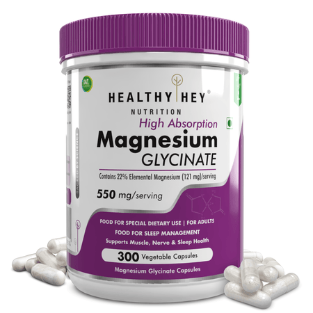 HealthyHey Nutrition Minerals Magnesium Glycinate High Absorption Chelated for Sleep, Cramps, & Nerves Health -550mg