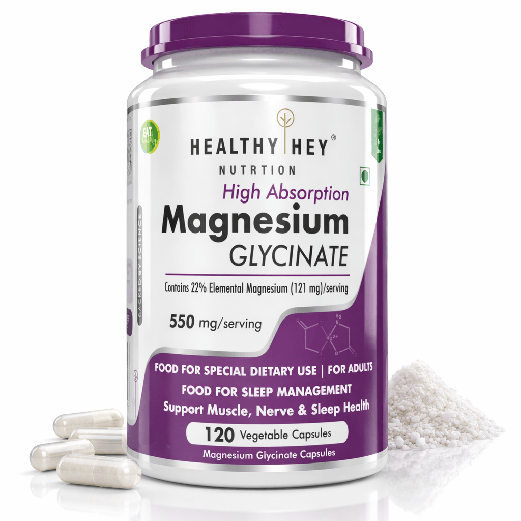 HealthyHey Nutrition Minerals Magnesium Glycinate High Absorption Chelated for Sleep, Cramps, & Nerves Health -550mg