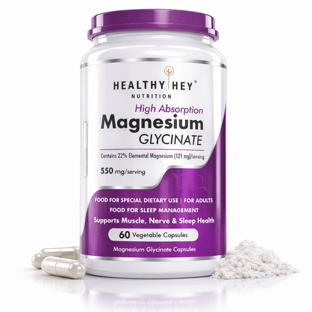 HealthyHey Nutrition Minerals Magnesium Glycinate High Absorption Chelated for Sleep, Cramps, & Nerves Health -550mg