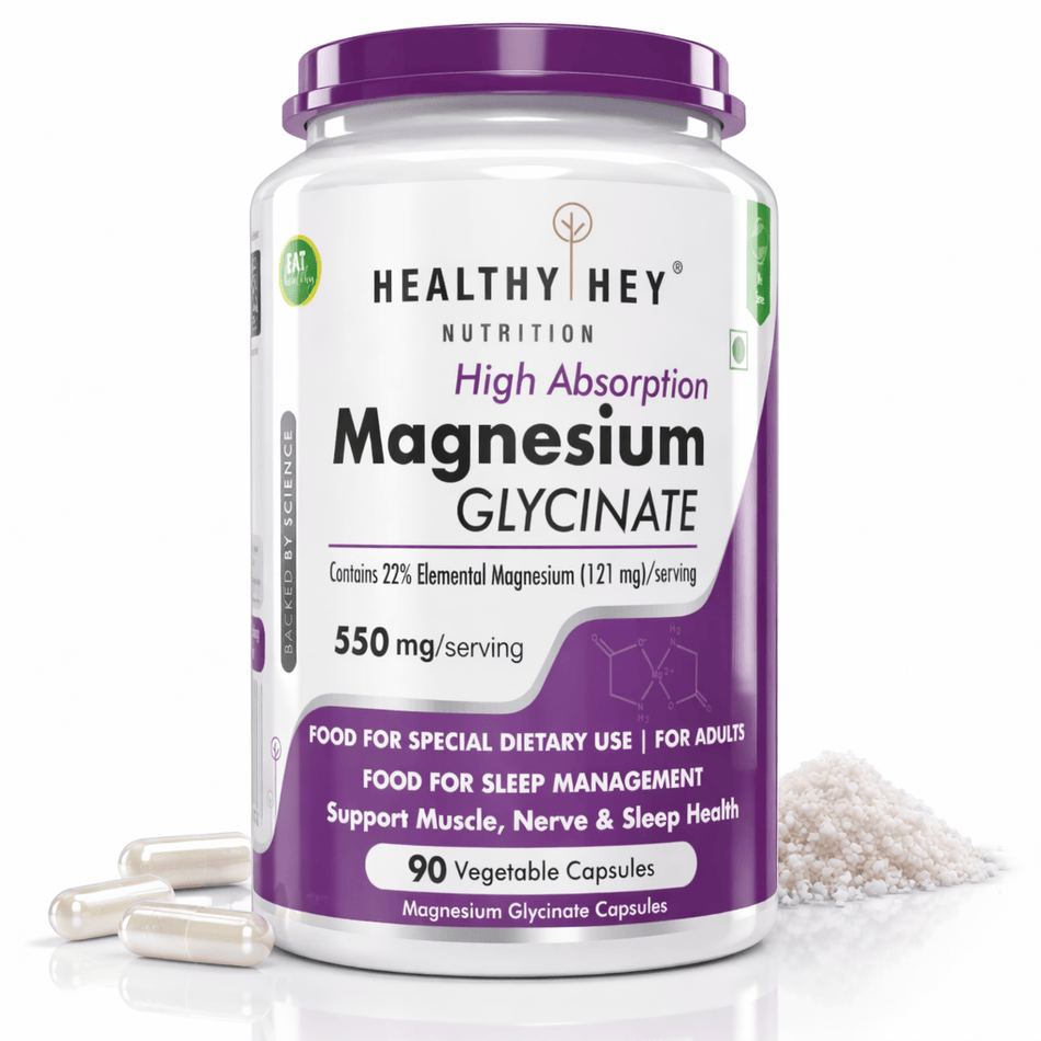 HealthyHey Nutrition Minerals Magnesium Glycinate High Absorption Chelated for Sleep, Cramps, & Nerves Health -550mg