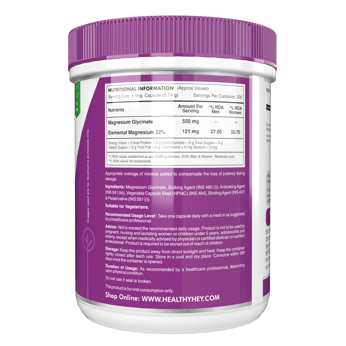 HealthyHey Nutrition Minerals Magnesium Glycinate High Absorption Chelated for Sleep, Cramps, & Nerves Health -550mg