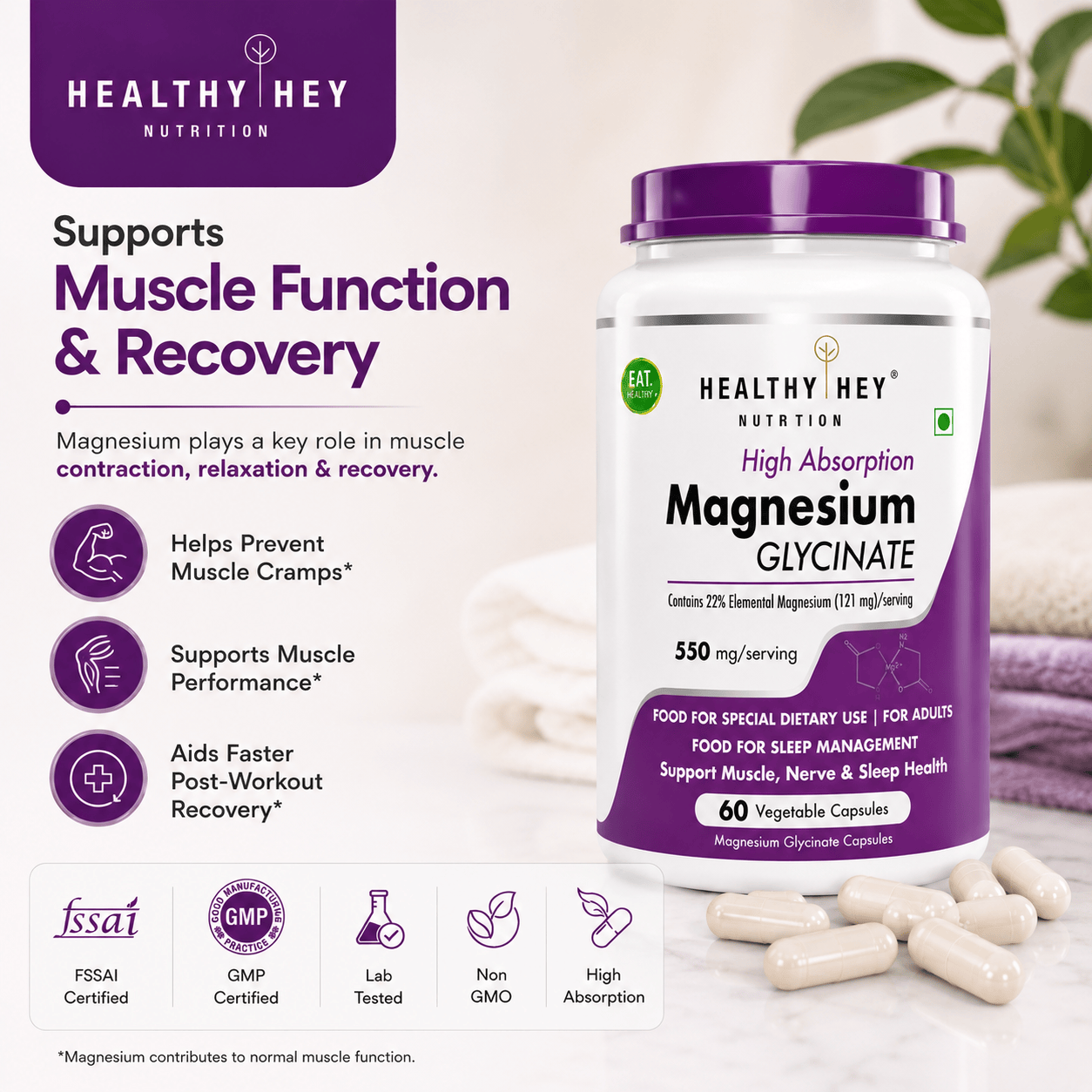HealthyHey Nutrition Minerals Magnesium Glycinate High Absorption Chelated for Sleep, Cramps, & Nerves Health -550mg